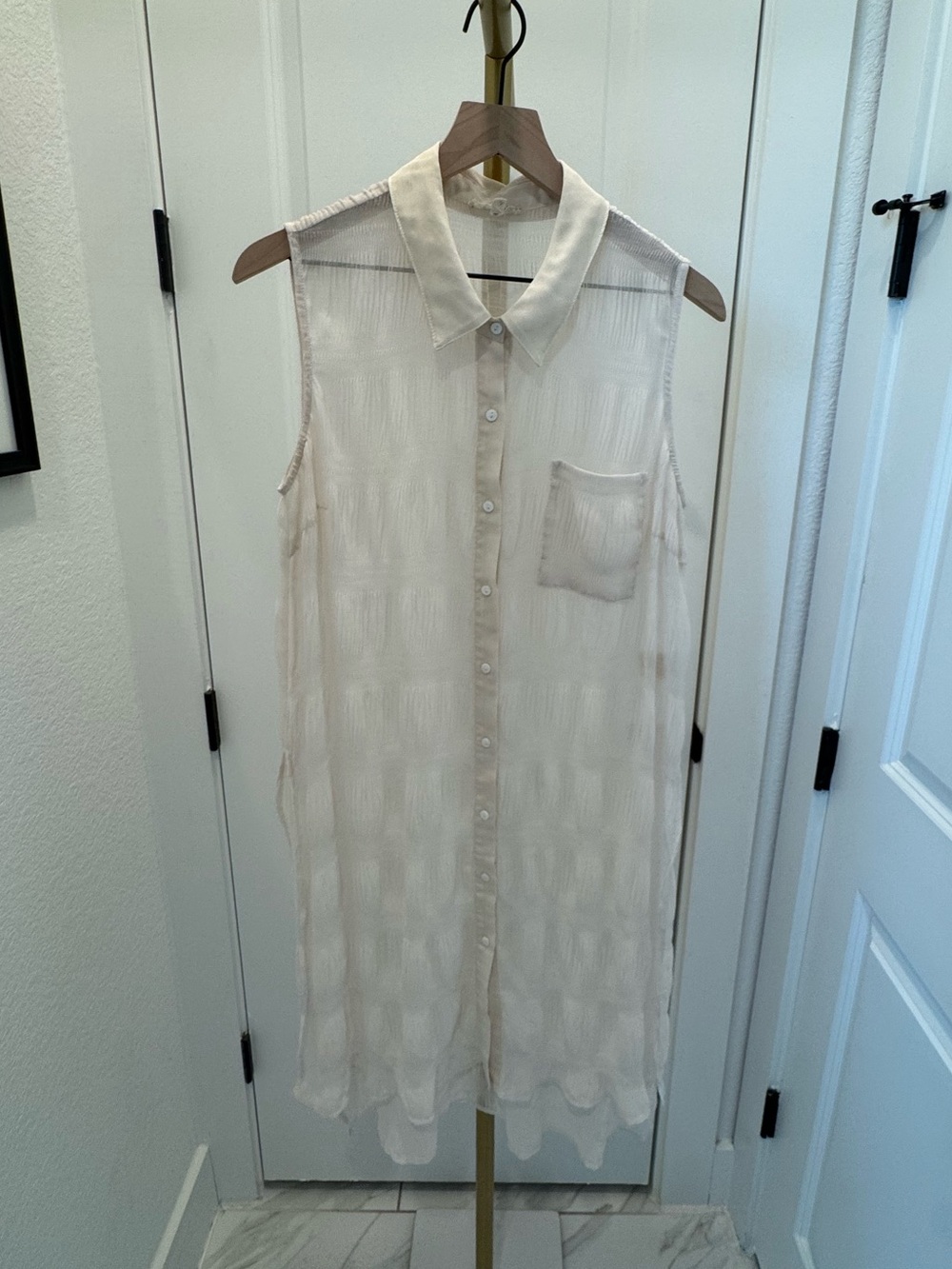 Mystree Sheer Sleeveless Shirt Dress in Soft Beige